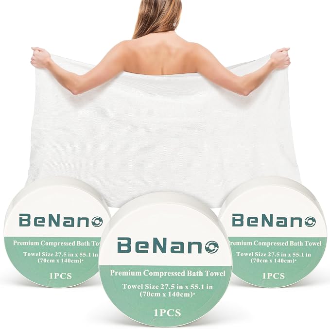 Benano Premium Compressed Towel Tablets Disposable Towel 55.1 in x 27.5 in Large Bath Towel Travel Towel Reusable for Hotel Camping Sports Hiking Beach Swimming Vacation (55.1" x 27.5" (3 Pack))