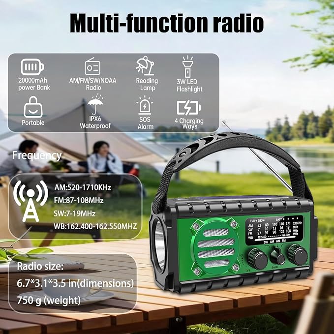 20000mah Hand Crank Emergency Radio,SW/NOAA/AM/FM Weather Radio, Solar Powered Hand Crank Chager with Bige Batery Powered,Portable,Cellphone Charge,SOS,Flashlight for Emergency (XSY-350-Army Green)