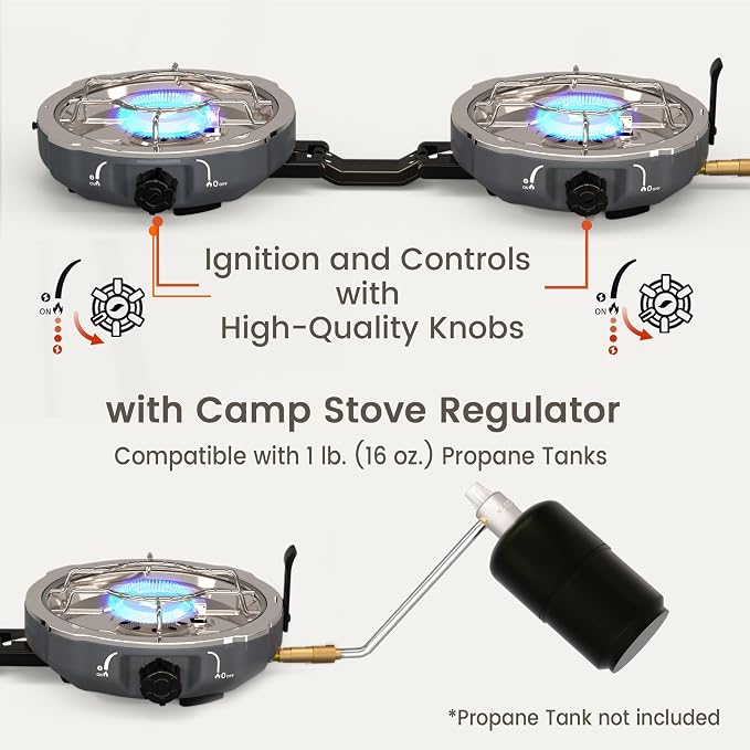 Cofiyard 20,000 BTUs 2 Burner Propane Camping Stove, Portable Folding Camp Stove with Adjustable Burners, Built-in Ignition and Carrying Bag, Dual Gas Stoves for Tailgating, Camping, BBQ Overland Grey