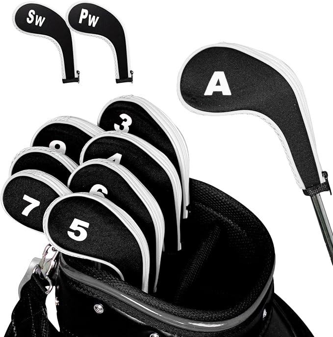Golf Club 12pcs Thick Synthetic Zipper Long Neck Set Headcover Fit The Most Brands, Side Number Golf Iron Club Head Cover LW SW PW Covers #3,4,5,6,7,8,9