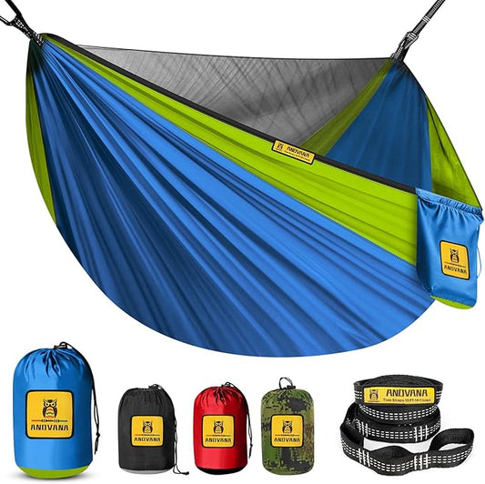 Kids Camping Hammock with Mosquito Net, 450 lbs Portable Hammock with Tree Straps, 2-in-1 Double/Single Travel Hammocks for Children, Hammock for Outside/Indoor/Backpacking/Beach - Lake Blue & Green