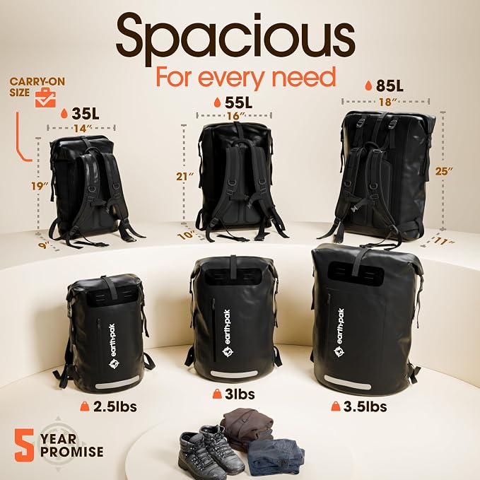 Earth Pak Waterproof Backpack - Heavy Duty Hiking Backpack - Roll-Top Closure Bag - Cushioned Dry Bag Waterproof Phone Case