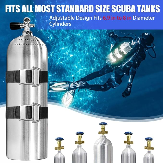 Scuba Diving BCD Tank Band, Adjustable and Sturdy Dive Tank Strap with 304 Stainless Steel Cam Buckles and Non-Slip Pads for Underwater Diving, 2 Pack
