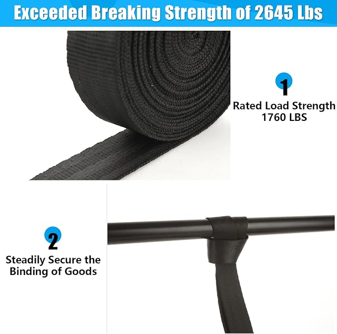4pc 1in Ratchet Straps - Heavy Duty 20ft Tie Downs with Hooks, Black Ratcheting Straps for Motorcycle & Trucks - 2645 LBS Strength