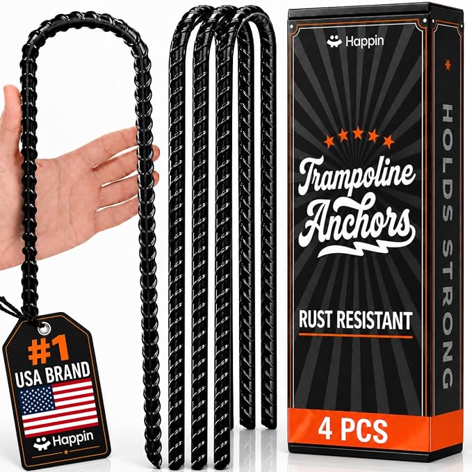 Happin® 12 Inch Trampoline Anchors, Trampoline Stakes, Ground Stakes Heavy Duty, Ground Anchors Screw in, Trampolines Accessories, Tent Anchors, Yard Spikes, Galvanized Steel (4 Pack, Black)