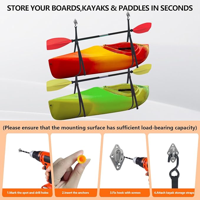 Kayak Storage Strap,Kayak Hanging Straps 1in/1.5in Wide,Adjustable Kayak Wall Mount Straps,Kayak Storage Strap System With Paddle Loops for Hanging 1or 2 Kayak,Paddle Board,Surfboard,Canoe(2/4 Pack)
