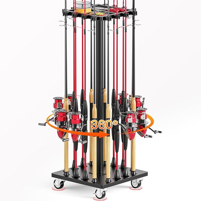 Fishing Rod Holder Rack with 360° Rotating Base – 16 poles Capacity,multi-purpose Rod Storage Rack,Easy Install & Durable Wooden Vertical Fishing Pole Holders for Ground,Black
