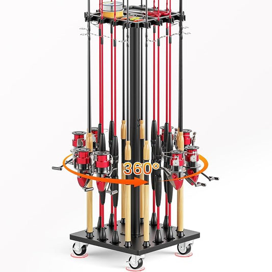 Fishing Rod Holder Rack with 360° Rotating Base – 16 poles Capacity,multi-purpose Rod Storage Rack,Easy Install & Durable Wooden Vertical Fishing Pole Holders for Ground,Black