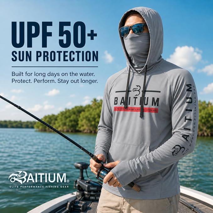 Fishing Shirts for Men,UPF50 Hooded Long Sleeve with Gaiter, Sun Protection Dry Fit Apparel, Face Mask, Fishing Clothes