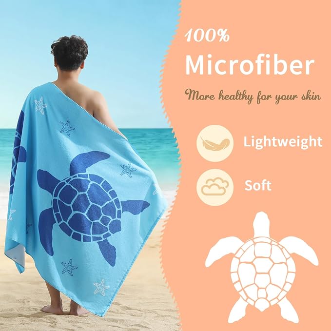 Belista Oversized Beach Towels 4 Pack,40”x70” Microfiber Thin Large Beach Towel Set for Adults Travel Camping Swimming,Turtle Starfish Them Sand Free Quick Dry Lightweight XL Pool Towels -Gray & Blue