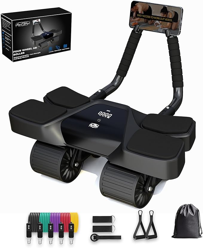 Ab Roller Home Gym Equipment – 4 Wheels Ab Wheel Muscle Roller with Built-in Tracker , 5Pcs Resistance Bands, Ankle Straps, Door Anchor, Handles, Travel Bag – Comfortable Elbow Support with Non-Slip Handles