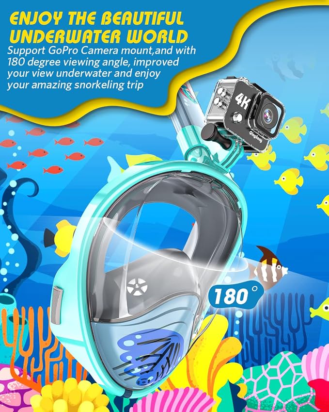 QingSong Kids Snorkel Mask Full Face, Snorkeling Set with Camera Mount, Foldable 180 Degree Panoramic View Snorkeling Gear Anti-Fog Anti-Leak