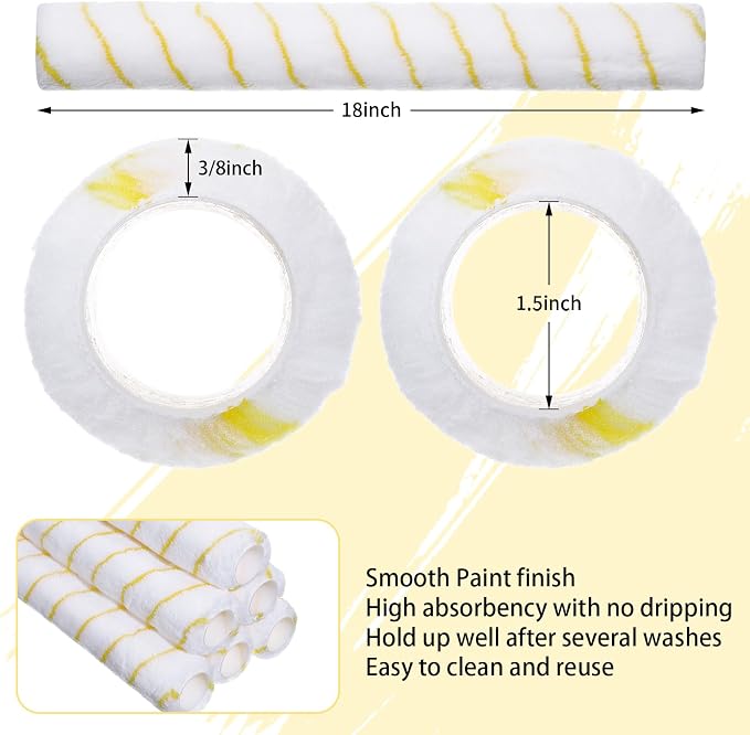 6 Pcs 18 inch Paint Roller Covers 3/8 '' nap Microfiber Paint Roller Sleeves for Wired or Simple Smooth Painting Frame Wall Ceilings Home Painting Supplies, Core Dia 1.5''
