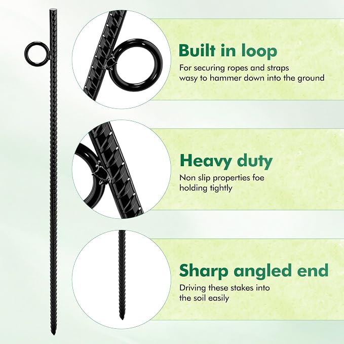 24 Pack 17 Inch Rebar Stakes with Loop, Heavy Duty Ground Anchor Black Steel Ground Stake, Reusable Tent Rebar Tent Stakes for Sheds Outdoor Camping Walkway Fence Canopies
