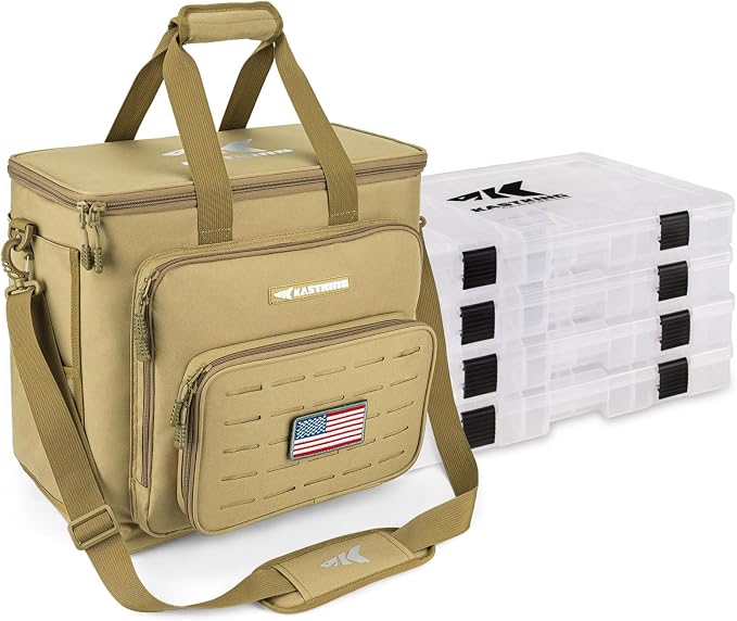 KastKing Karryall with Box Tackle Bag, Saltwater & Freshwater Gear Storage | 4 x 3700 Tackle Trays are included, Water-resistant, Padded Shoulder Strap, 42L, Store up to (8) 3600 size Lure Boxes
