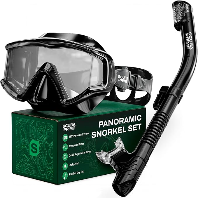 Pano 3 180° Panoramic Dive Mask, Three-Window Tempered Glass Scuba Mask with Dry Top Snorkel, Dual-Layer Silicone Skirt Anti-Leak Diving Gear for Men Women Teens Adults, 4 Color Options