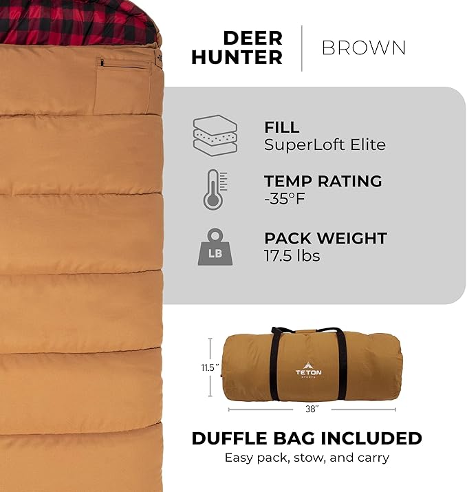TETON Sports Deer Hunter Sleeping Bag, Warm and Comfortable Camping Sleeping Bag, Teton Tough Canvas Shell for Camping, Hunting, and Cold Weather