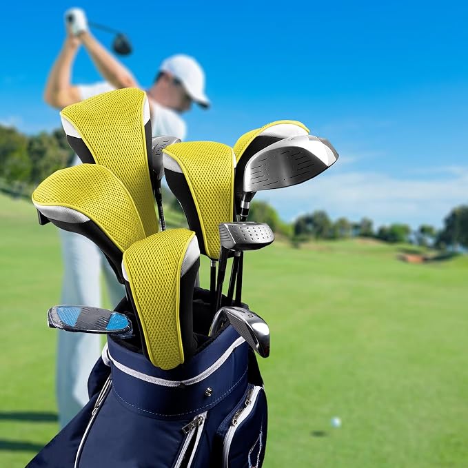 Andux 3pcs/Set Golf 460cc Driver Fairway Wood Club Head Covers | with interchangeable NO. Tags | Mesh Breathable material | Short Neck | Coloured Piping | Pull-On Closure