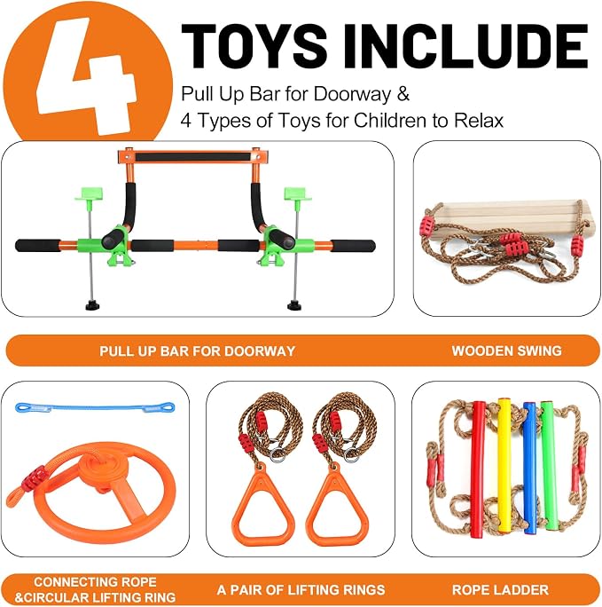Doorway Swing mount for Kids & Door Pull Up Bar for Adults, Indoor Kid Swing with 4 Accessories, Multi-Function Doorway Gym, Fits Door Frame 24.41-30.51'' W x 3.94-6.69'' Thickness (Orange)