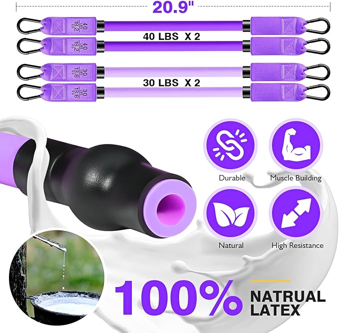 Ayombo Pilates Bar Kit with Resistance Bands, Pilates Workout Equipment for Legs, Hip, Waist, Arm, Squats Exercise Equipment for Home Workouts, Adjustable 3-Section Pilates Bar Kit for Women & Men