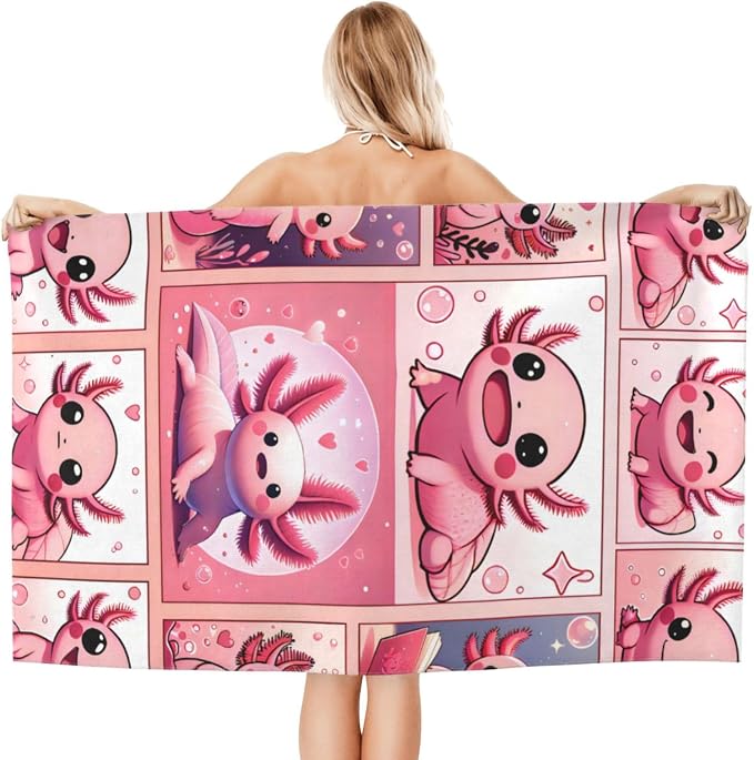Cute Axolotl Beach Towel, 32x52in Microfiber Quick Dry Gold Cartoon Comic Fish Pink Bath Towels, Soft Lightweight Oversized Sand Free, for Travel Pool Swimming Gym Decor, Gifts