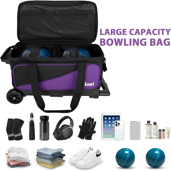 Goloni 3 Ball Bowling Bag with Wheels, 2+1 Double Roller Bowling Bag with Shoe Compartment,Tote Bag for Bowling Accessories
