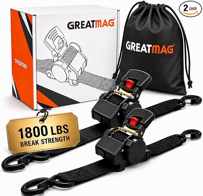 Heavy Duty Retractable Ratchet Tie-Down Straps 1800 lbs, 1in × 10ft Auto Retract Tie Downs with Zinc S-Hooks, Cargo Straps for Trucks, Trailers, Roof Racks & Moving, 2 Pack, Black