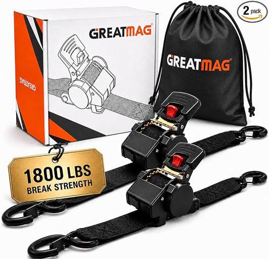 Heavy Duty Retractable Ratchet Tie-Down Straps 1800 lbs, 1in × 10ft Auto Retract Tie Downs with Zinc S-Hooks, Cargo Straps for Trucks, Trailers, Roof Racks & Moving, 2 Pack, Black, Damped Rewind