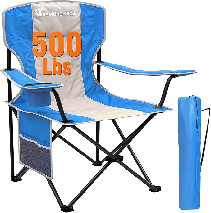 Oversized Camping Chair, 500 LBS High Back Lawn Chairs Folding (Blue Gray) | Portable Outdoor Heavy Duty Folding Camping Chair for Adults, with Cup Holder for Picnic, Lawn, Beach, Fishing and Sports