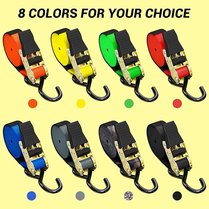 Ratchet Tie Down Strap 15 Ft - 500 lbs Load Cap with 1500 lbs Breaking Limit, Ohuhu Ratchet Tie Downs Logistic Cargo Straps for Moving Appliances, Motorcycle (Yellow, 8-Pack)