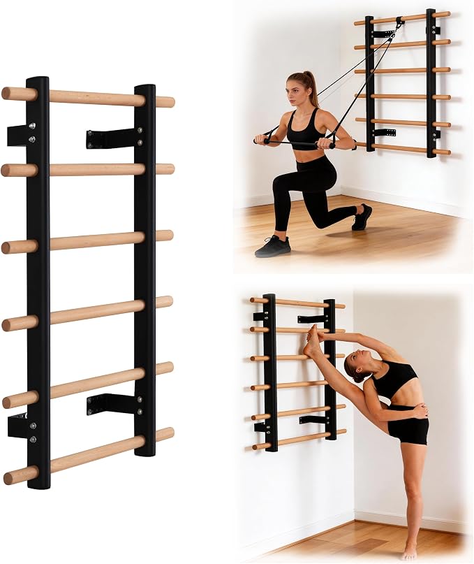 Half Height Swedish Wall Ladder Stall Bar, Space Saving Wall Mounted Solid Wood Steel Stretch Training Bar for Small Apartment Home Gym Yoga Physical Therapy