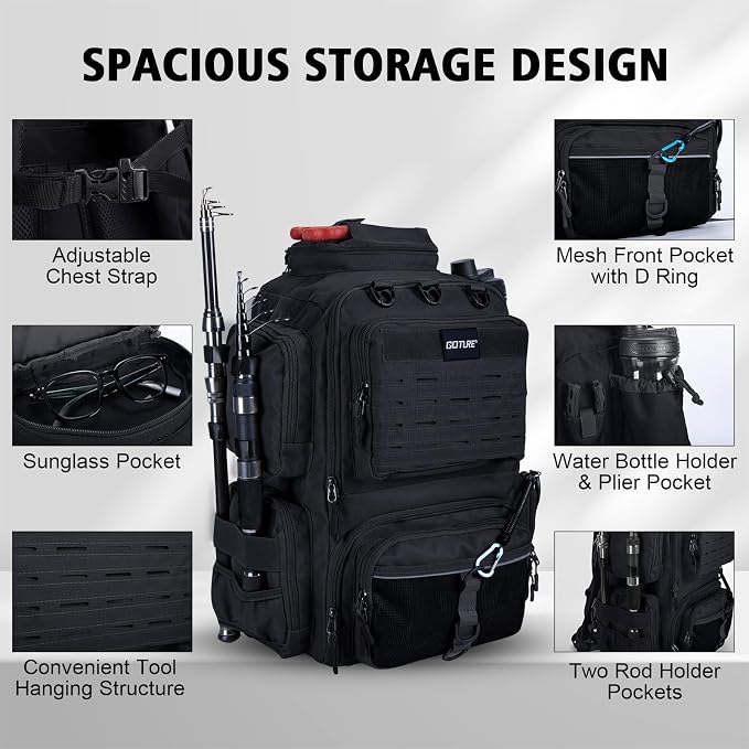Goture Fishing Backpack with 4 Tackle Boxes,900D Water-Resistant Tackle Backpack with Rod Holders,45L Large Fishing Bag Storage Gear Tackle Bag with Rain Cover,Bottle Holder for Travel Camping Hiking
