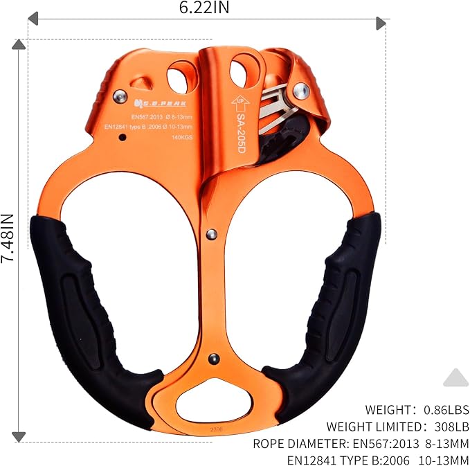 UIAA & CE Certified Climbing Rappelling Equip Hand Ascender Left Right Hand for 8-13mm Rope 4kN