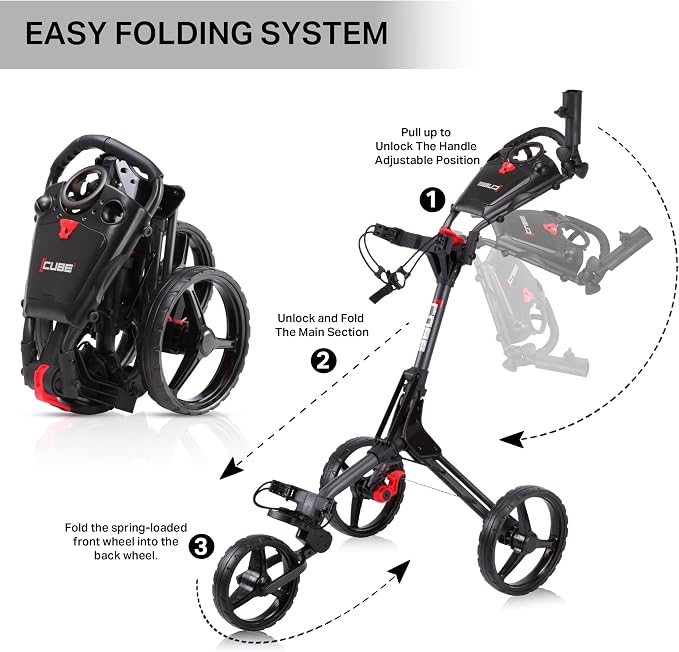CUBE CART 3-Wheel Golf Push Cart – Ultra-Compact 14.5 lb Folding Golf Trolley, Two-Step Fold, Adjustable Handle, Foot Brake, Umbrella Holder & Built-in Storage