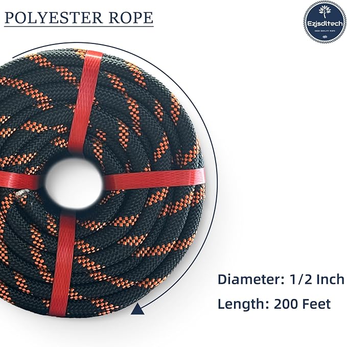 1/2 in x 200 ft Polyester Arborist Rigging Rope, Black Braided Tree Climbing Rope 48 Strands for Farm Work and Swinging