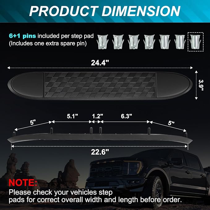 4" Nerf Bar Replacement Pads with 6 Holes, 24" X 4" Non-Slip Replacement Step Pad Compatible with Popular 4" Oval Tube Nerf Bars, 4 Pack. Easy Installation——Verify Tube Size & Hole Spacing!