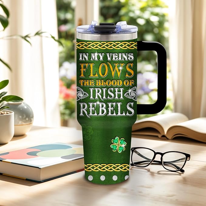 DUUV St Patricks Day Tumbler 40oz, Insulated St Patricks Gift for Women | In My Veins Irish Rebels Cup Gifts for Men Women Husband Dad Leakproof, Four Leaf Clover Design Gift Mug, 1 Pack
