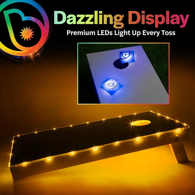 Brightz Cornhole Board Edge Lights with LED Bags - Includes 4-Pack of LED Cornhole Bags + TossBrightz Cornhole Board Edge Lights - The Ultimate Night Time Cornhole Master Set
