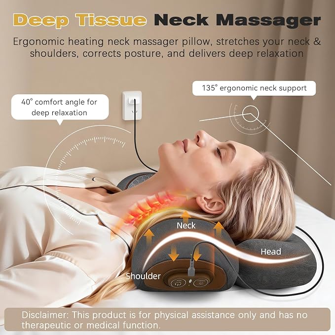 3-in-1 Neck Massager Pillow for Pain Relief, Neck Massager with Heat and Cervical Traction, Deep Tissue Massage Pillow for Shoulder & Back Comfort, Ergonomic Design for Men and Women (Deep Gray)