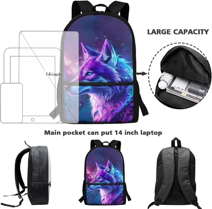 Wolf Backpack for Girls School Bag with Lunch Box Pencil Case Water Bottle Set Elementary School Bookbag Lightweight School Bag Daypack Set 4 in 1