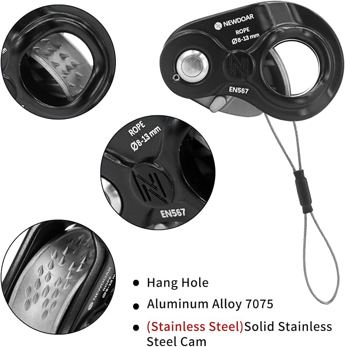 NewDoar Rope Grab Lightweight Rope Clamp Ascender Riser Adjuster Fits 8-13mm Rope Self-Locking Grip for Rock Climbing,Protection Rescue,Rappelling,Gear Equipment-Sharp Teeth