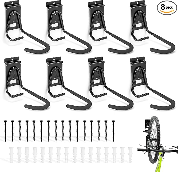 Slatwall Bike Hooks, Heavy Duty Bicycle Hangr with PVC Coating, Wall Mount Vertical Bicycle Storage Rack - 8 Pack