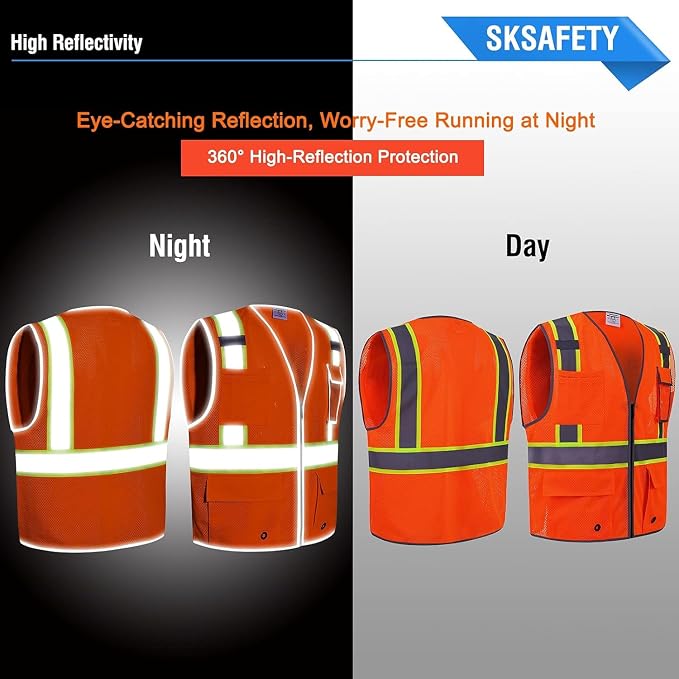 SKSAFETY 10/12 Pockets Safety Vest - Class 2 High Visibility Security with Zipper Double-sided mesh, Hi Vis Vest with Reflective Strips, ANSI/ISEA Standard, Construction Work Vest （Orange）