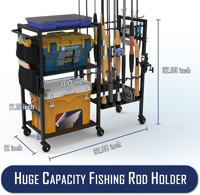 KNINE OUTDOORS Garage Fishing Pole Holders - 12 Rod Holders, 3 Layers of Storage Space for Fishing Gear and Equipment