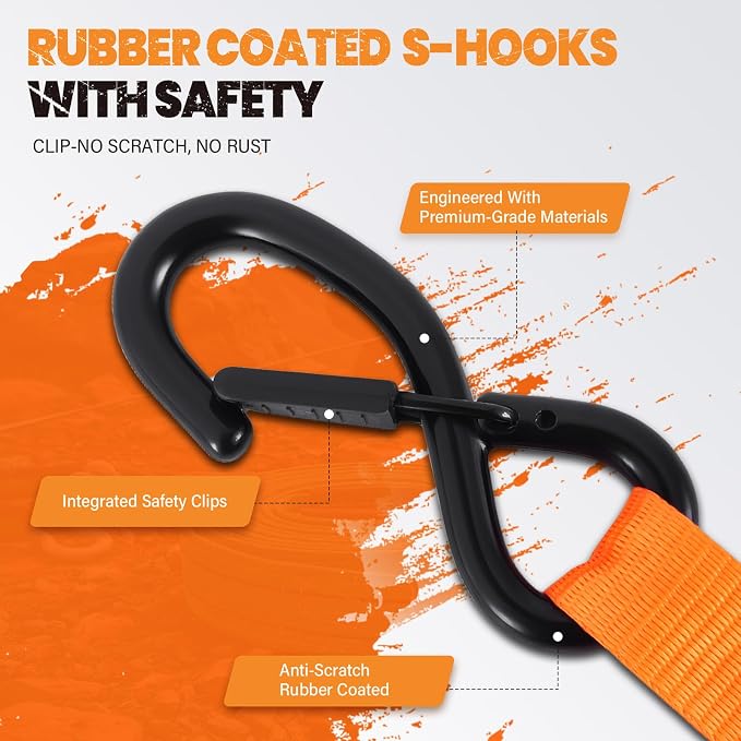 1" x 10' Self Retracting Ratchet Straps (4-Pack) - Orange Heavy Duty Tie Downs with Auto-Retract, 1540lb Break Strength for Truck, Motorcycle, ATV, UTV, Cargo Trailer