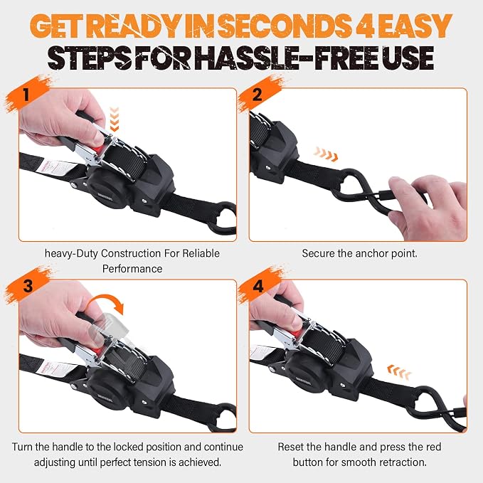 Self Retracting Ratchet Straps 1" x 10' (4-Pack) - Black Heavy Duty Tie Down Straps with Auto Retract, 1540lb Break Strength for Truck, Motorcycle, ATV, Cargo Trailer