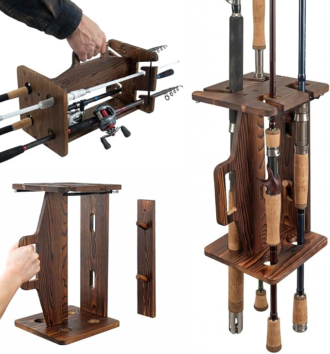 MyGift Rustic Dark Burnt Solid Wood Portable Fishing Rod Rack — Carry & Display Fishing Pole Storage Holder, Wall-Mounted or Freestanding Organizer for Rods & Reels
