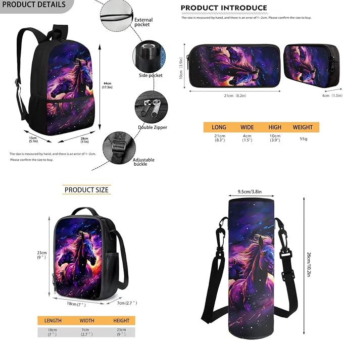 Horse Backpack for Girls School Bags with Lunch Bag Pencil Case Water Bottle Holder Kids Preschool Bookbag 4PCS Elementary School Bag Back to School Accessories