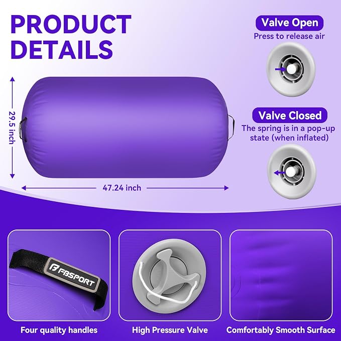 FBSPORT Air Roller Gymnastics Barrel, Inflatable Gymnastics Air Roller Inflatable Air Gymnastics Mat for Yoga Cheerleading Training Home Outdoor Indoor Use