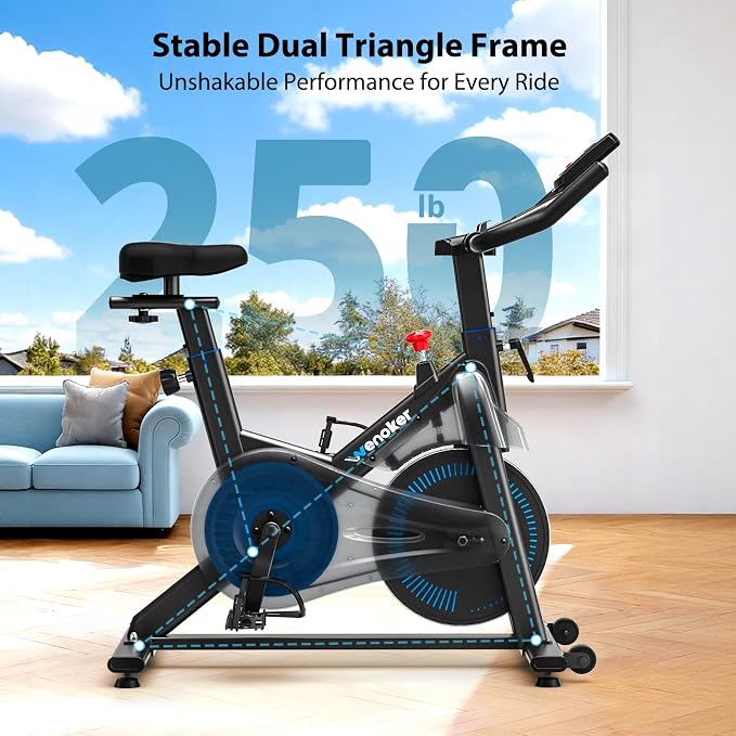 Exercise Bike, Wenoker Magnetic Stationary Bike for Home App Sync Indoor Bike with Adjustable Seat and Handlebar, Transport Wheels and Fitness Courses for Weight Loss